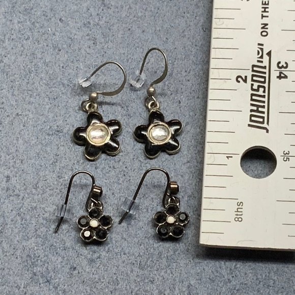 Dangle Pierced Earrings Lot Black Flower Rhinestone Enamel Silver Retro 80s - Picture 5 of 5
